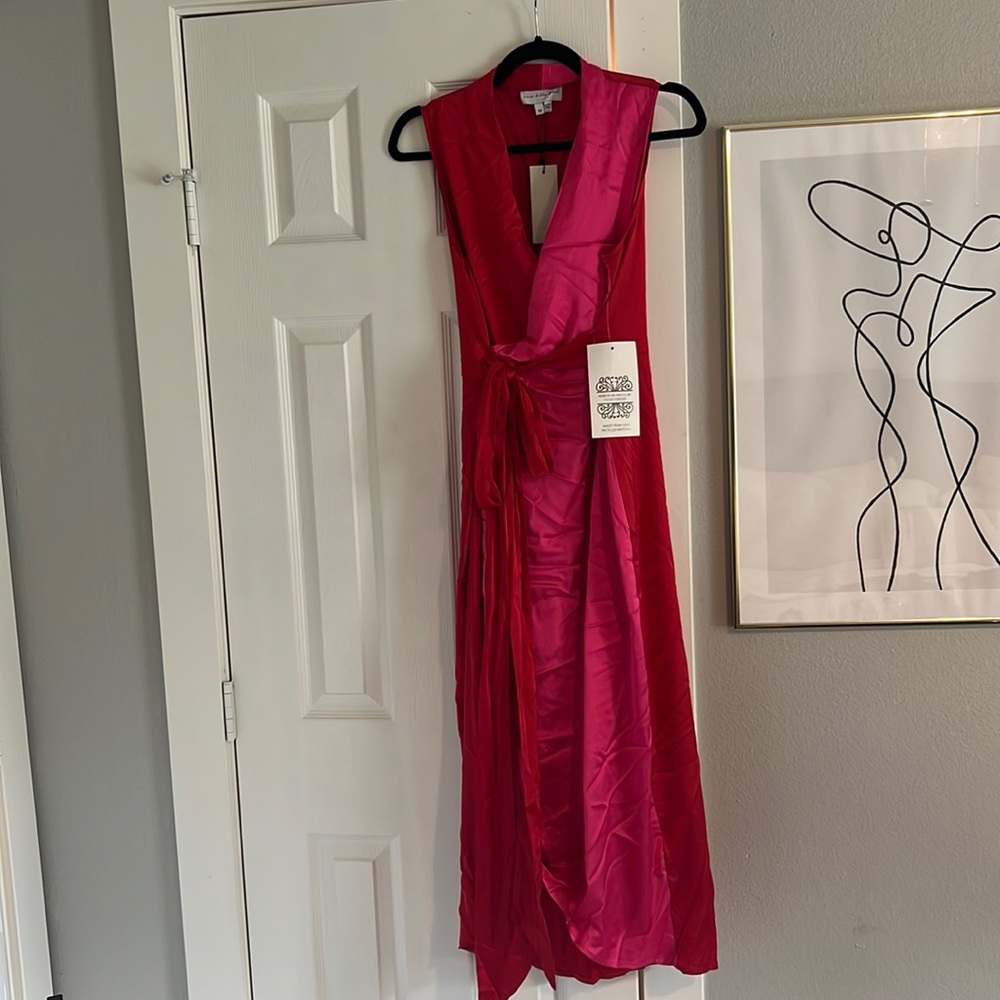 Red and pink satin midi dress from Never Fully Dressed